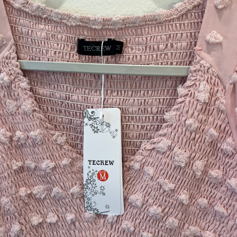 NWT TECREW Short Sleeve VNeck Mini Swiss Dot Flowy Babydoll Summer Dress Med - Picture 2 of 10